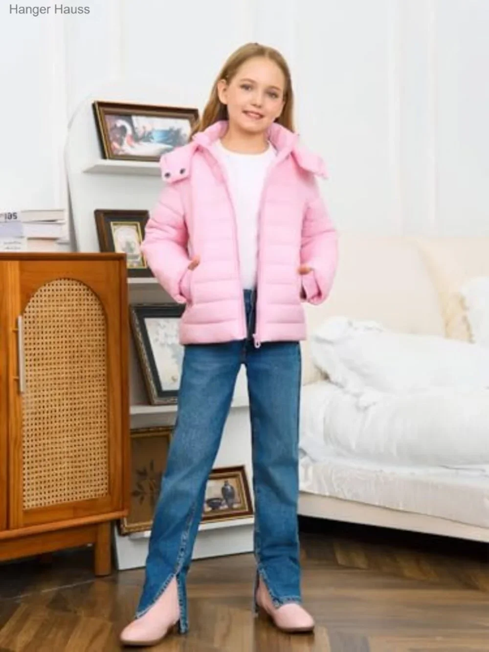 Kids Quilted Puffer Jacket Water Resistant Windproof Detachable Hood Zip Up